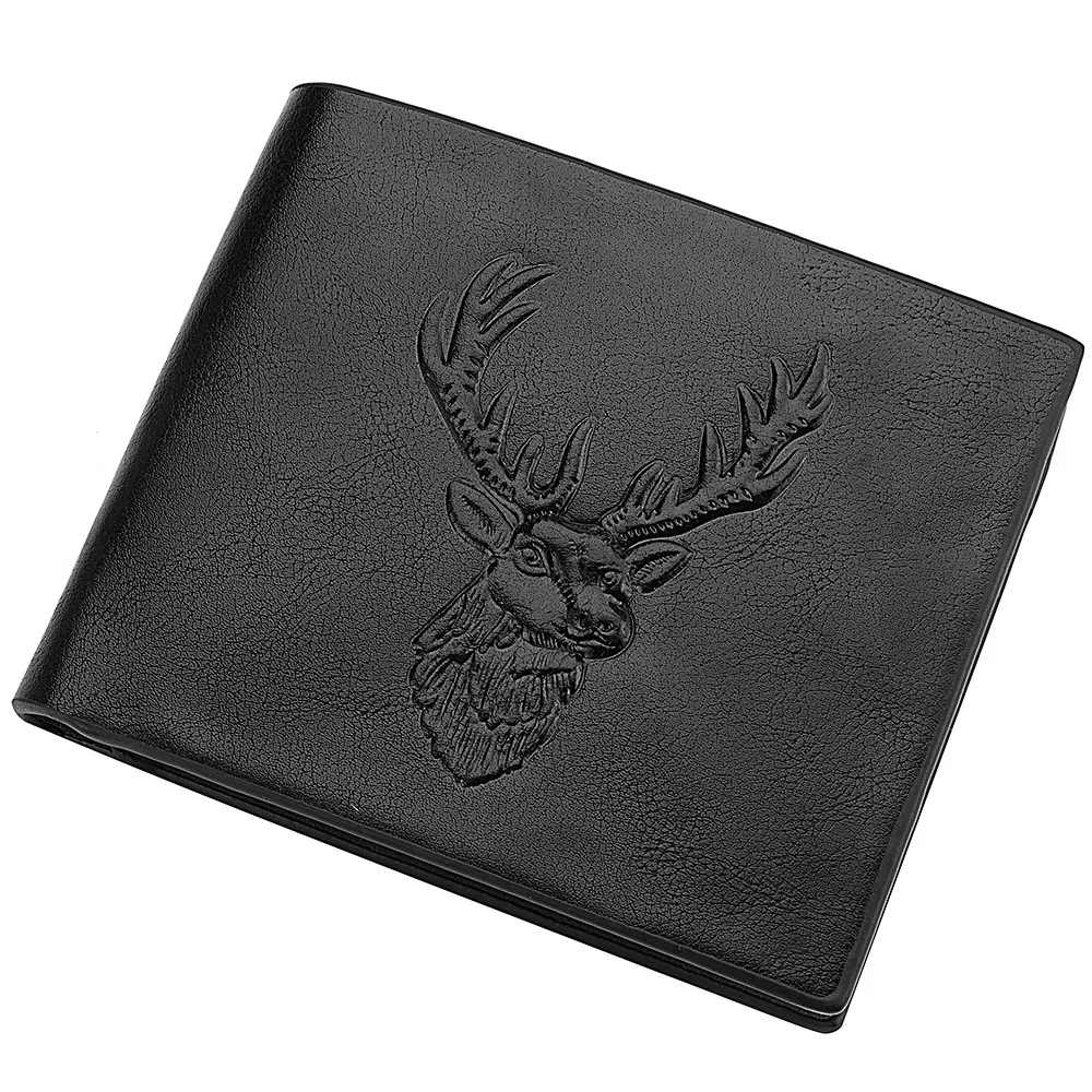 Herren Kurze Geldbörse Vintage PU Leder Hirschkopf Geprägt Bi-fold Mehrere Kartenslots Business Große Kapazität