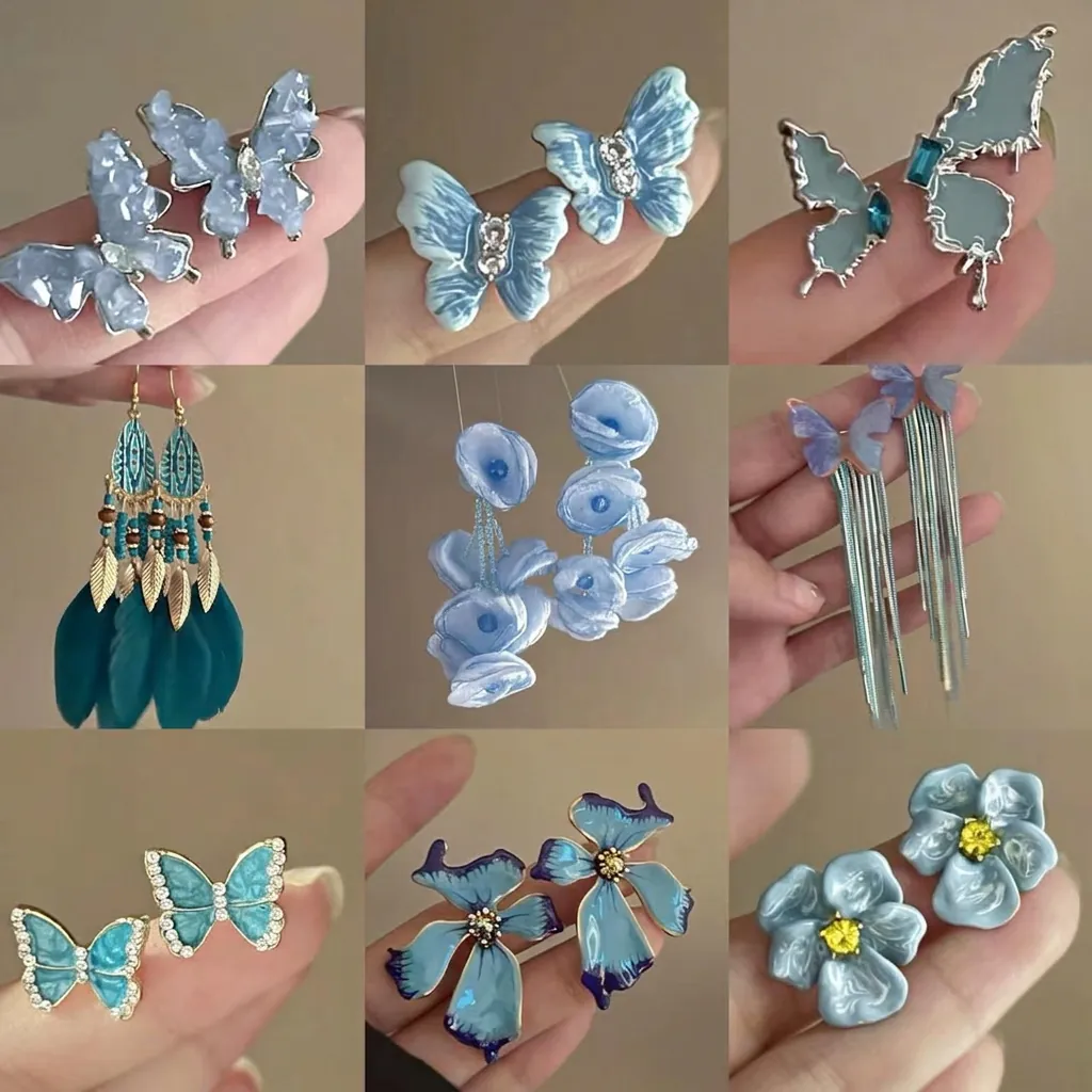 Boucles D'oreilles À Pampilles Fleurs Papillon Bleu Alliage Cristal Plume Bohème Vacances Plage Bijoux Femme Tige En Argent