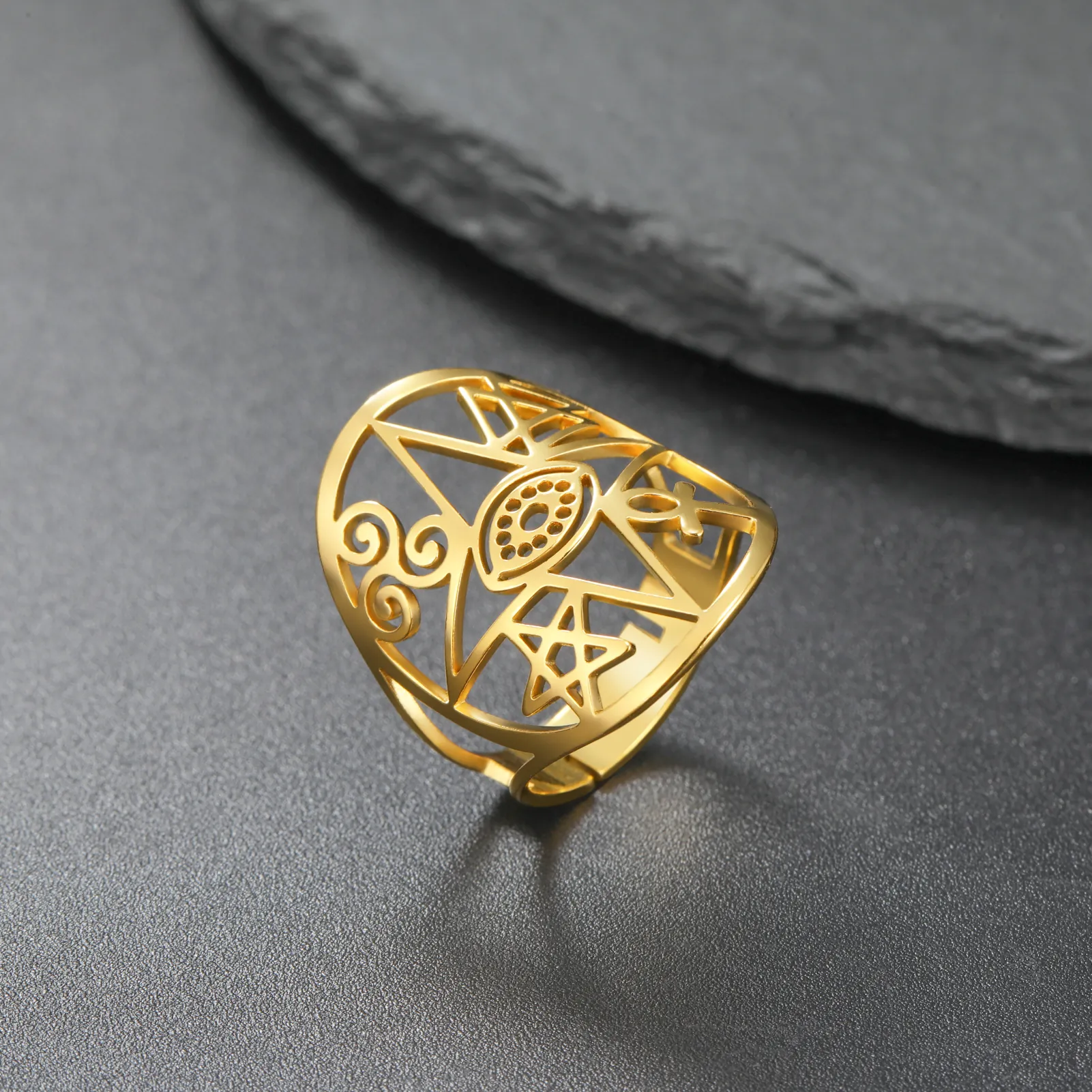 Stainless Steel Open Ring Hollow Eye Of Horus Star Ankh Symbol Vintage Punk Adjustable Jewelry For Men Women