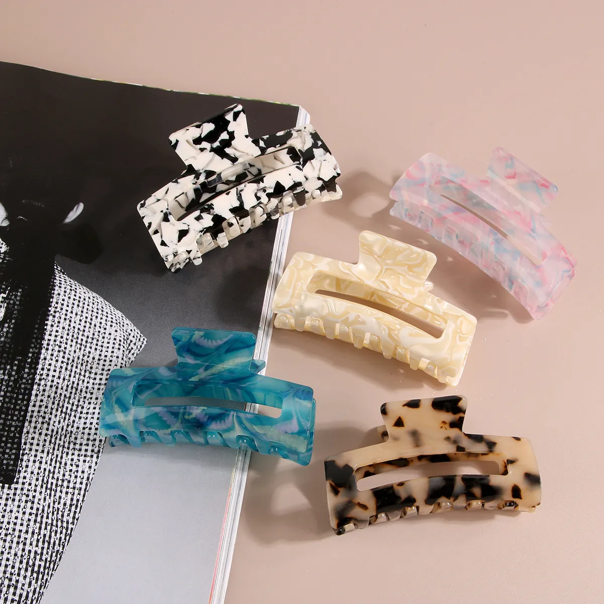 Rectangular Acetate Hair Claw Clips Large Geometric Hollow Marble Tortoise Shell Pattern Fashion Hair Accessories For Women