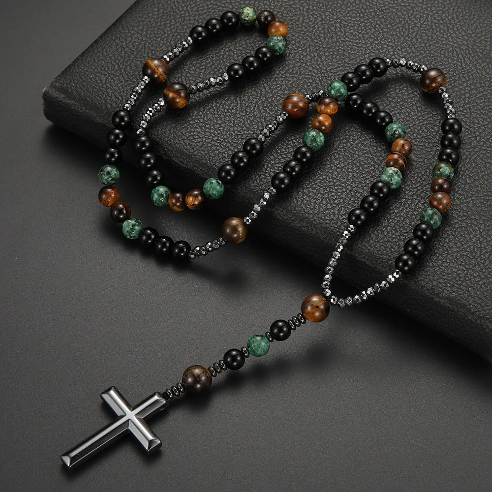 Natural Stone Beaded Necklace Vintage Metal Cross Pendant Tiger Eye African Turquoise Malachite Jewelry For Men Women