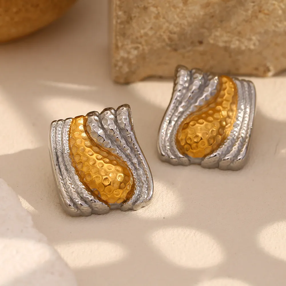 Stainless Steel Stud Earrings Two Tone 18K Gold Plated Hammered Texture Geometric Irregular Vintage Trendy For Women