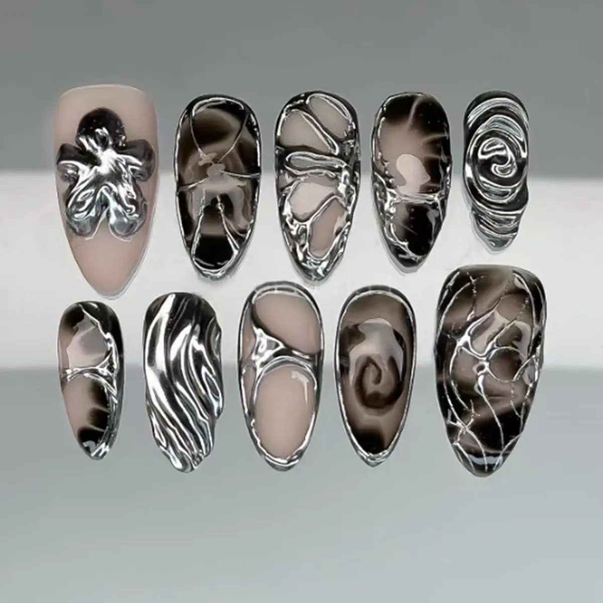 3D Silver Metallic Press On Nails Chrome Long Almond Artificial Fake Fingernails Cyberpunk Marble Design Cool Y2K Style Women