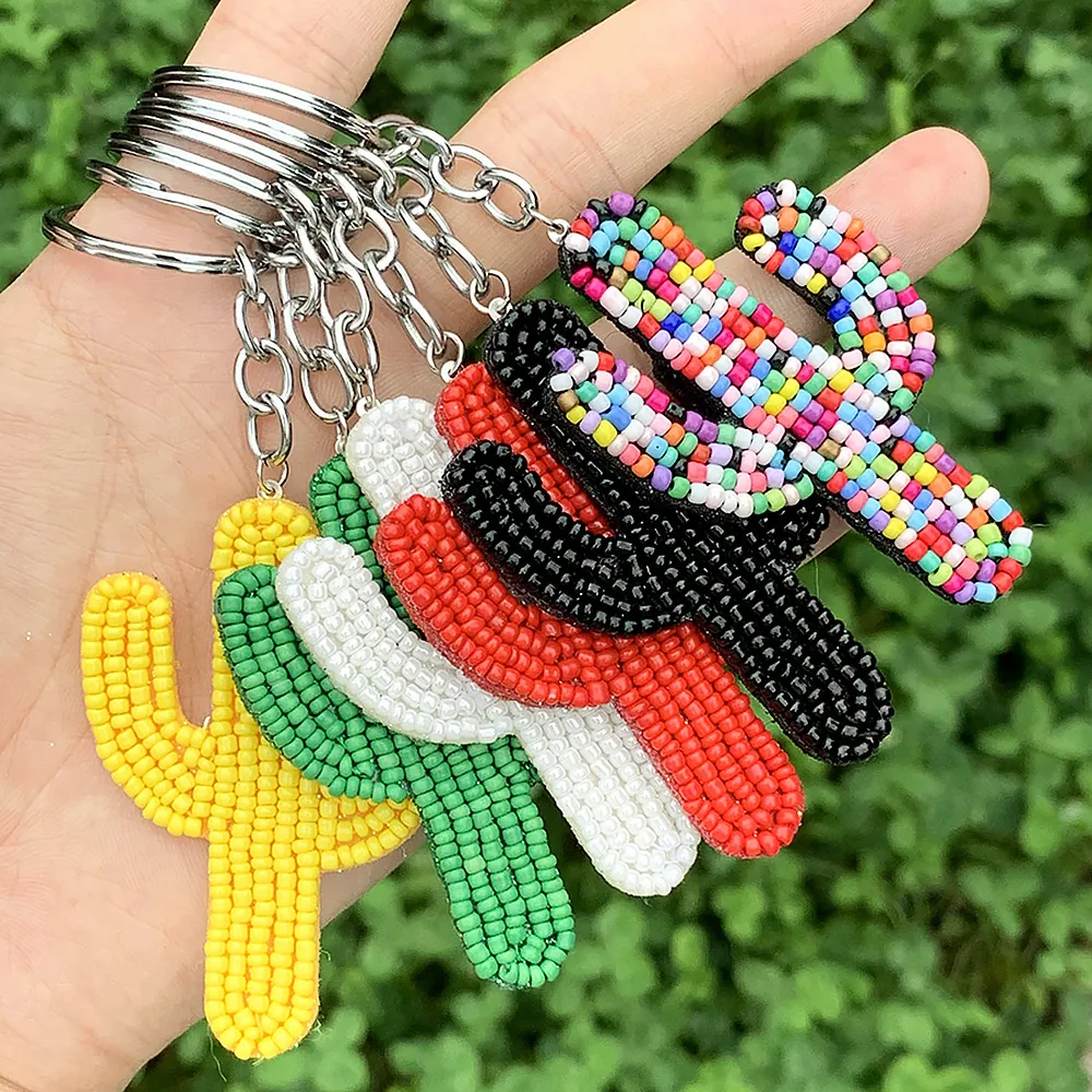 Cactus Keychain Handmade Glass Seed Beaded Bag Charm Bohemian Style Colorful Plant Shaped Key Ring Novelty Accessory