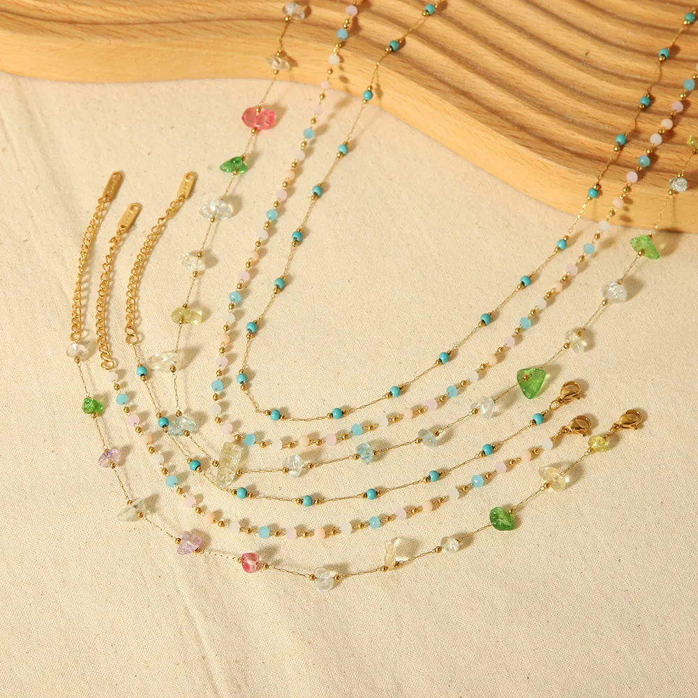 Natural Stone Colorful Crystal Stainless Steel Jewelry For Women 18K Gold Plated Non Tarnish Anklet Bracelet Necklace