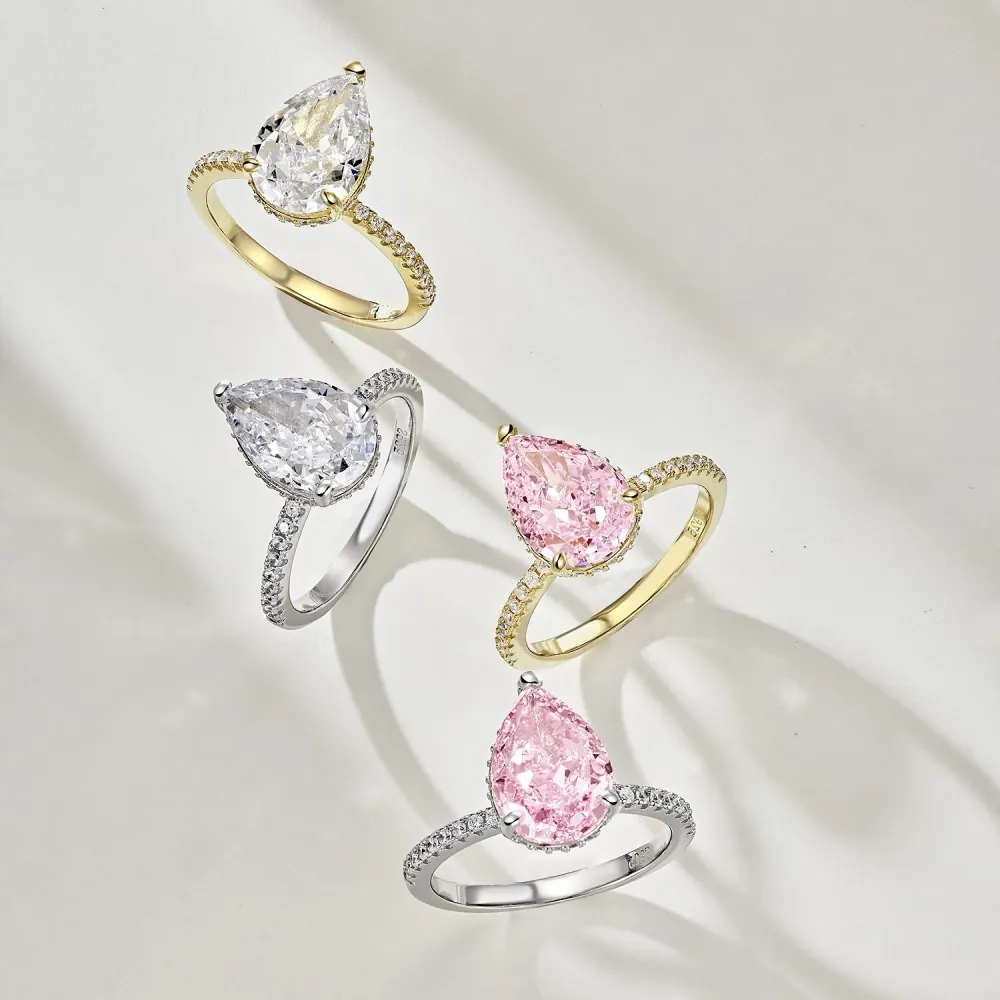 Luxury 925 Sterling Silver Pear Cut Cubic Zirconia Ring Elegant Water Drop Halo Finger Ring For Women Wedding Party Jewelry
