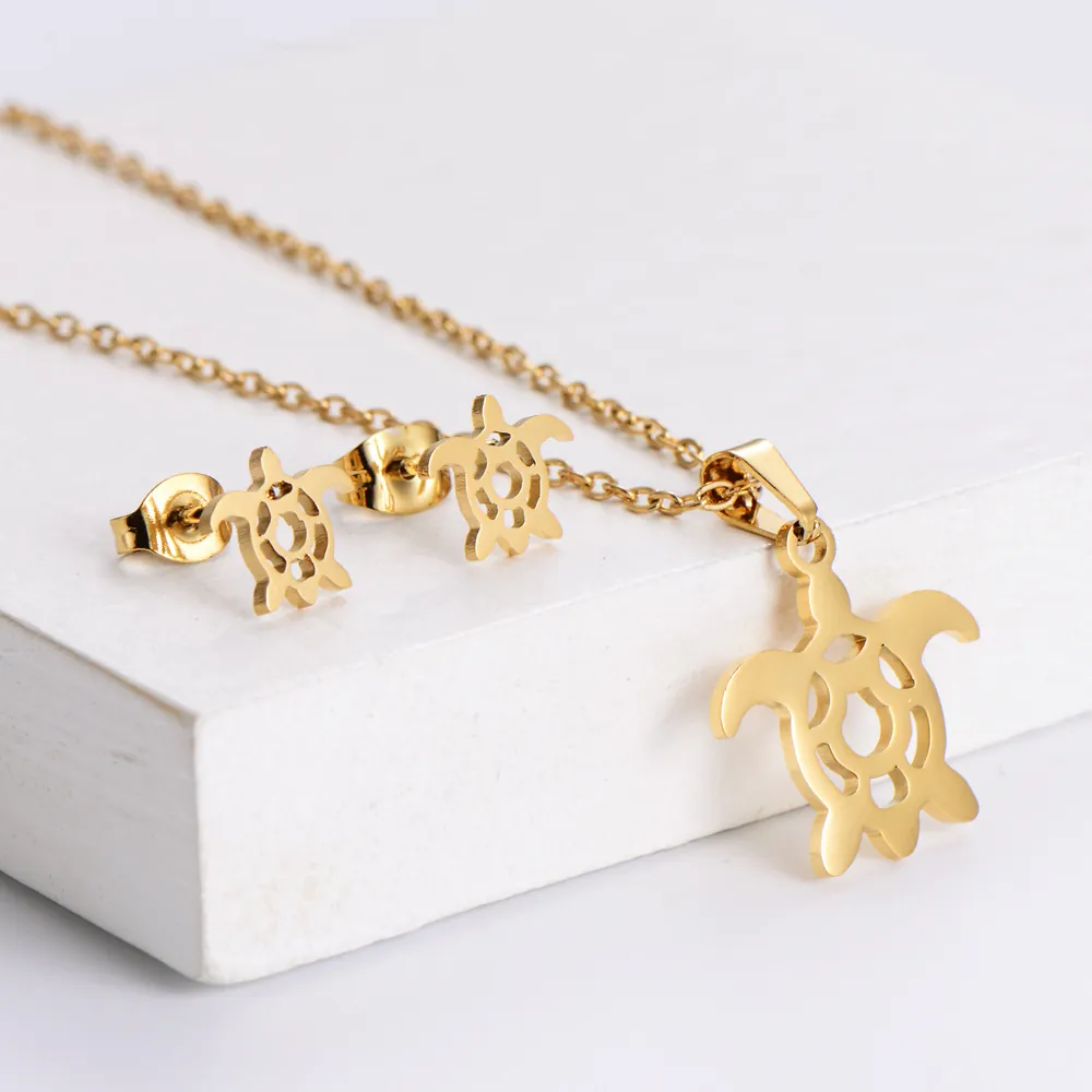 Sea Turtle Necklace And Stud Earrings Jewelry 18k Gold Plated 316 Stainless Steel Hollow Animal Pendant Women