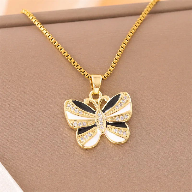 Collana Con Pendente A Farfalla Placcata Oro Acciaio Inossidabile Rame Zirconia Smalto Nero Bianco Gioielli Per Donna