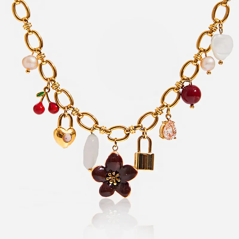 Damen Halskette Mit Vielen Anhängern Edelstahl 18K Vergoldet Emaille Kirsche Herz Schloss Blume Künstliche Perle Retro Urlaub Schmuck