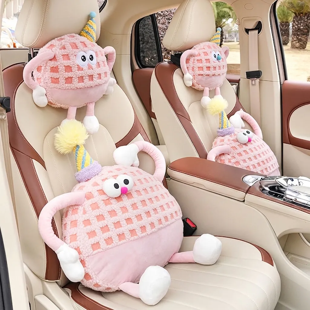 Cartoon Monster Car Headrest Neck Pillow And Lumbar Cushion Plush Lamb Velvet Waffle Texture Cute Travel Interior Decor