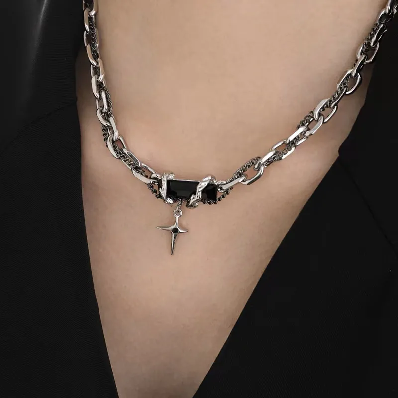 Punk Alloy Black Rhinestone Cross Star Pendant Necklace For Women Men Trendy Gothic Clavicle Chain Jewelry Accessories