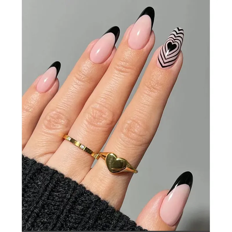 Press On Nails Mandelform Schwarz French Tip Herzmuster Glänzend Rosa Künstliche Fingernägel Für Frauen