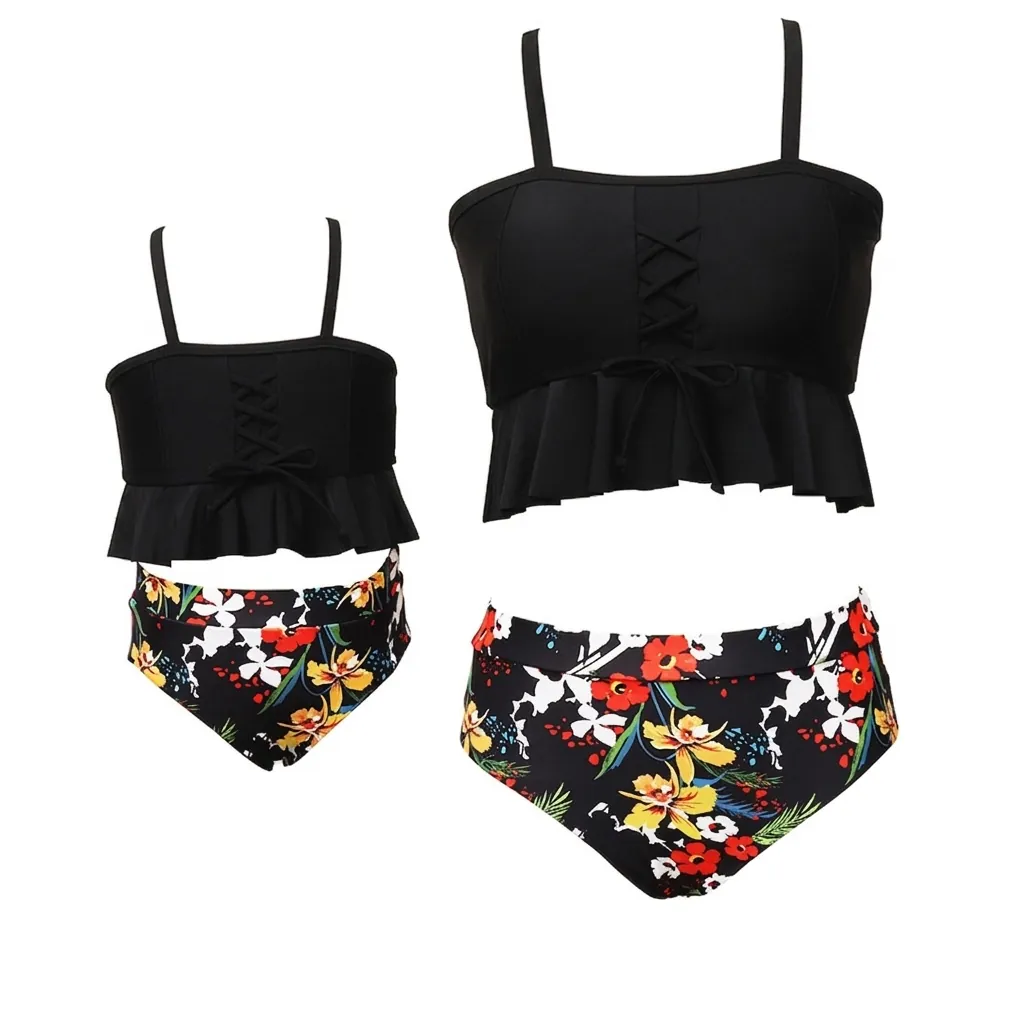 Maillot De Bain Bikini En Nylon Maman Et Moi Haut À Volants Entrecroisés Bas À Imprimé Floral Tropical À Taille Haute
