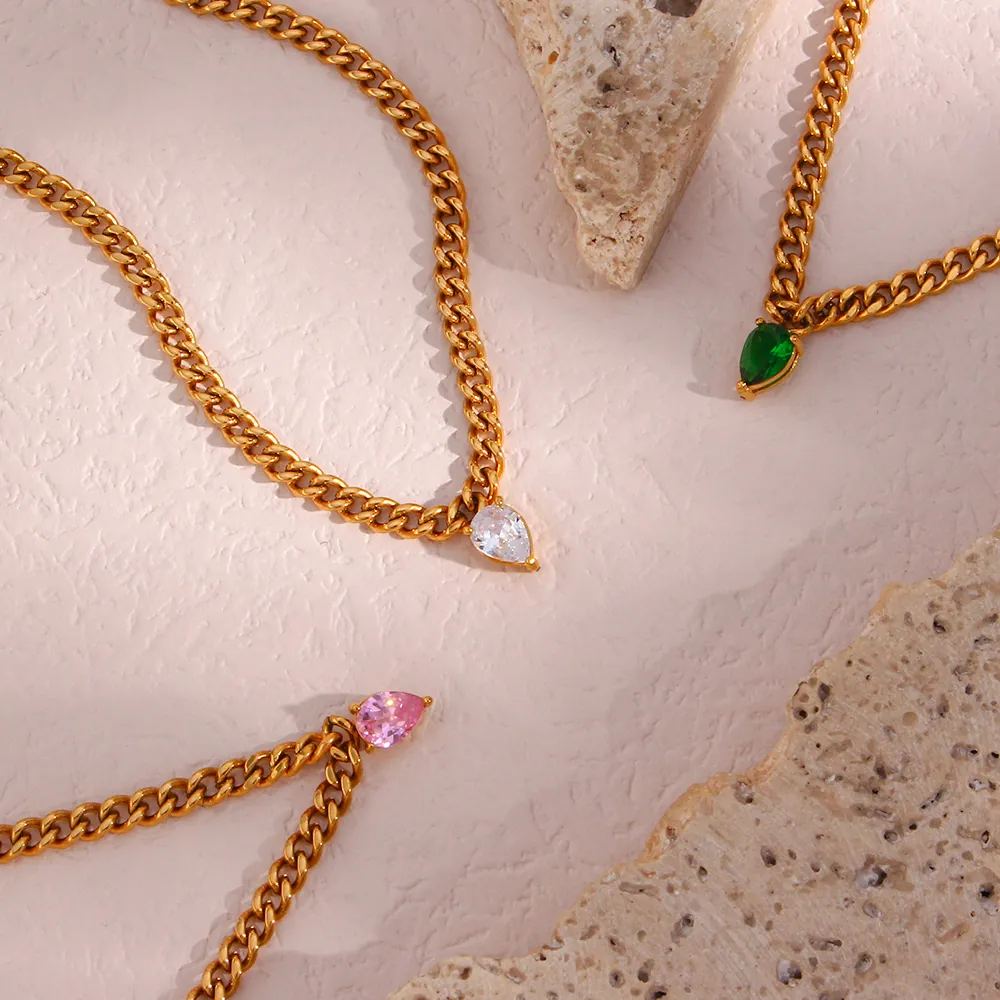 Stainless Steel Cuban Link Necklace With Pear Cut Pink Zircon Pendant For Women Ins Style 18K Gold Plated Jewelry