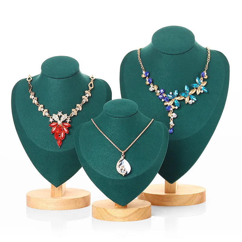 Necklace Display Stand Bust Portrait Jewelry Holder Solid Wood Base Heart Shaped PU Leather Microfiber Professional Organizer