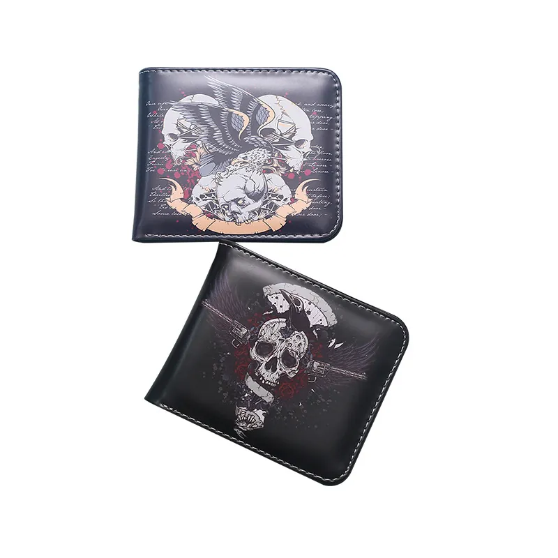 Portafoglio Uomo Pieghevole Stampa Teschio Pelle PU Corto Con Slot Per Carte Finestra ID Tasca Monete Zip Stile Gothic Punk