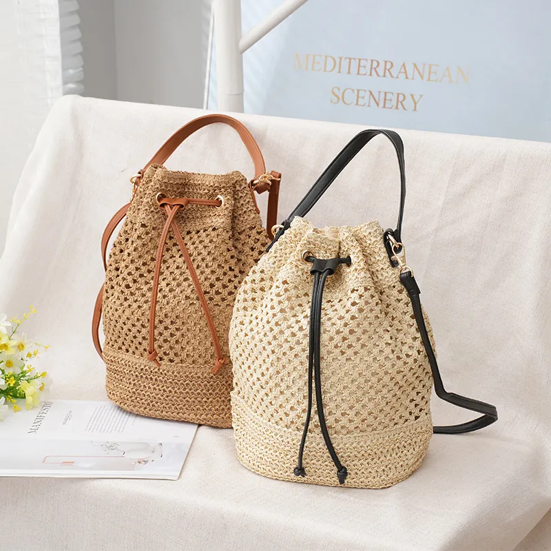 Borsa A Secchiello In Paglia Intrecciata Da Donna Traforata Coulisse Contrasto Pelle PU Borsa A Spalla Spiaggia Vacanza