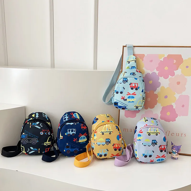 Kids Chest Bag Cartoon Car Print Nylon Lightweight Casual Crossbody Bag For Boys Girls Adjustable Strap Cute Travel Pouch