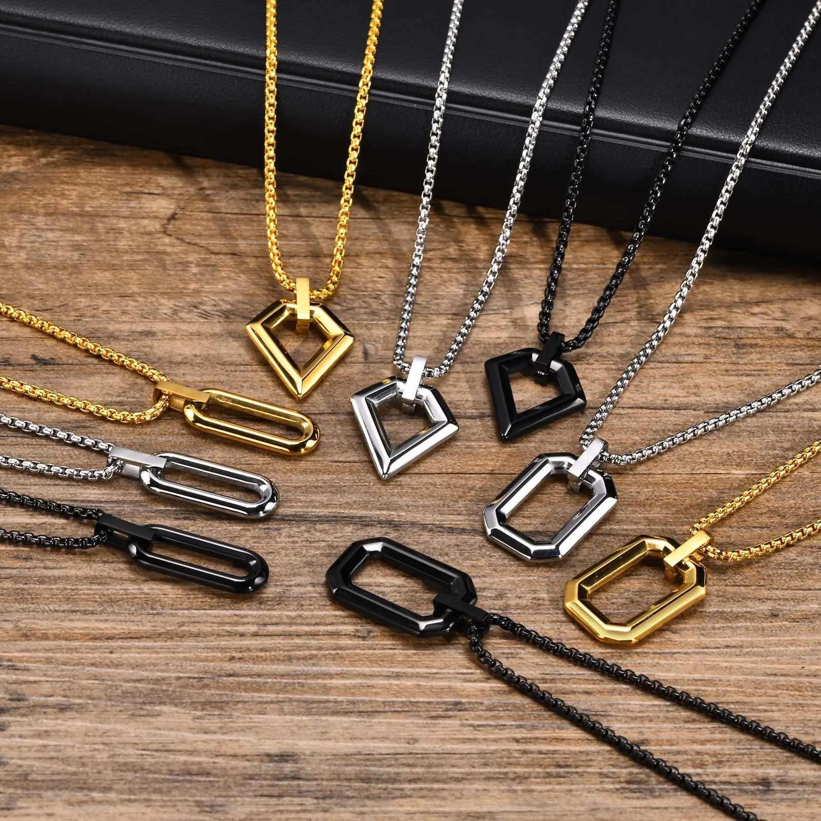 Geometric Pendant Necklace Stainless Steel Hollow Rectangle Rhombus Minimalist Hip Hop Jewelry For Men Women