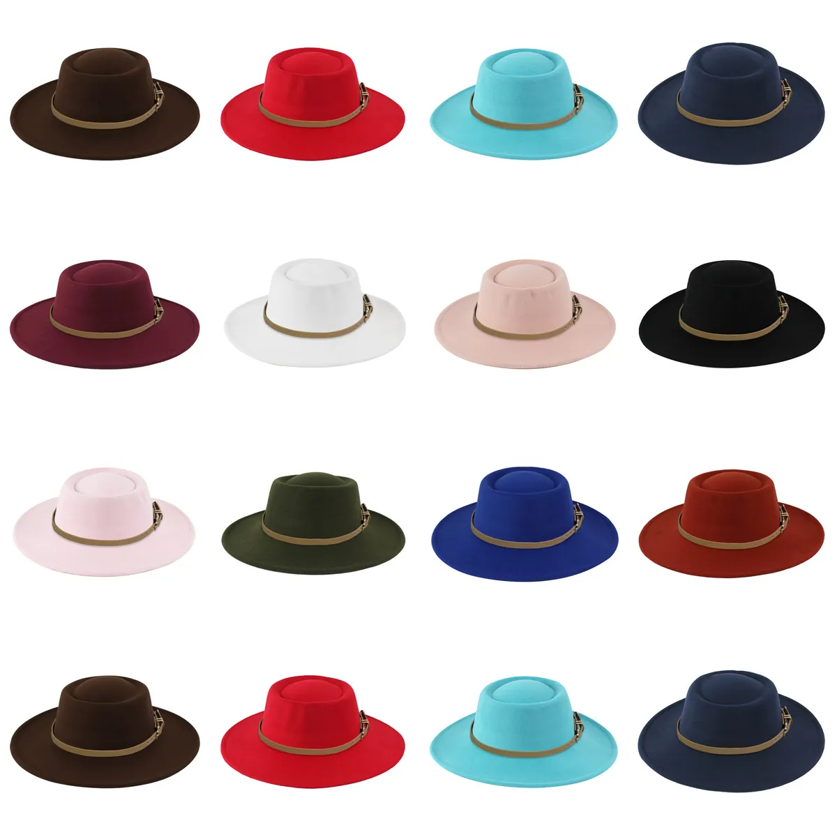 Elegant Wide Brim Fedora Hat Polyester Felt Indented Top With Leather Belt Buckle Vintage British Style Women Men