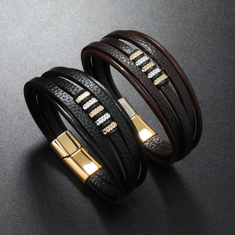 Men Multi-layer Braided Leather Bracelet With Stainless Steel Magnetic Clasp Retro Trendy Alloy Rhinestone Decor