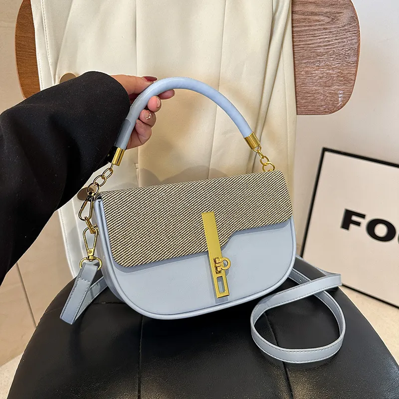 Women Patchwork Crossbody Bag PU Leather Woven Texture Small Square Handbag Golden Lock Adjustable Strap Fashionable