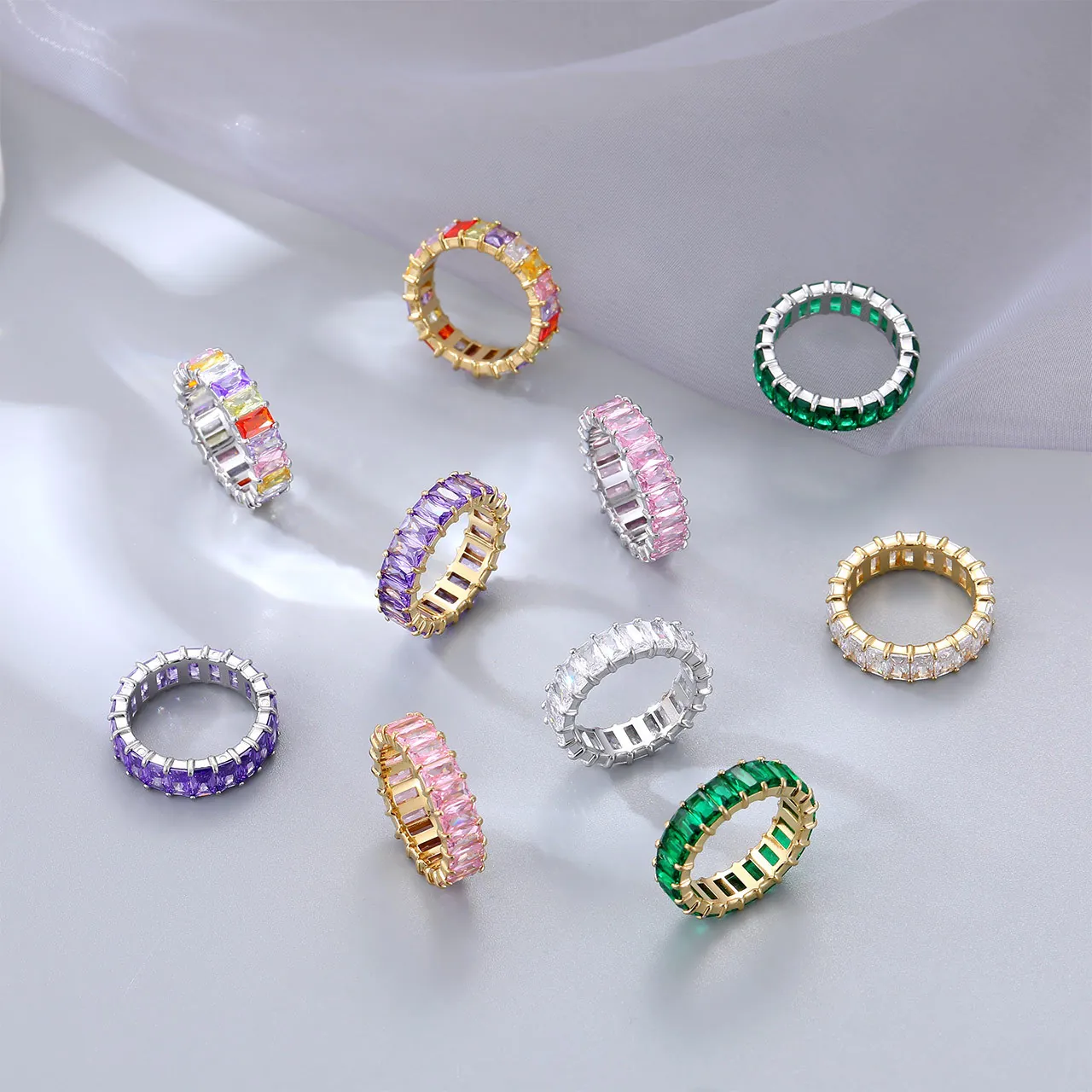 Eternity Band Ring Titanium Steel Baguette Cut Colorful Cubic Zirconia Minimalist Elegant Jewelry For Women