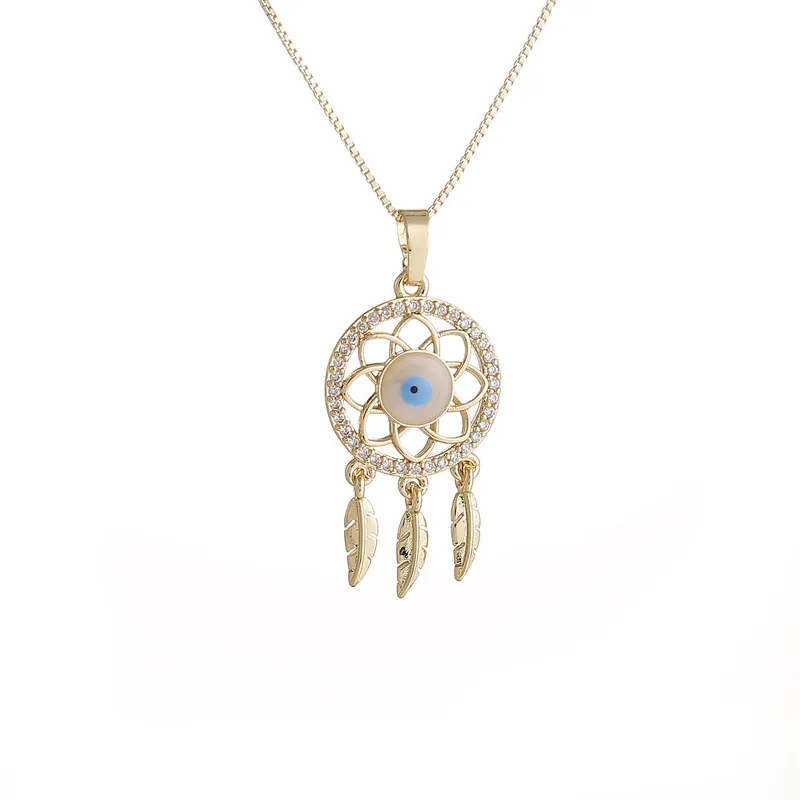 Collier Pendentif Attrape Rêves Mauvais Œil Cuivre Micro Zircon Plume Gland Bijoux Pour Femmes