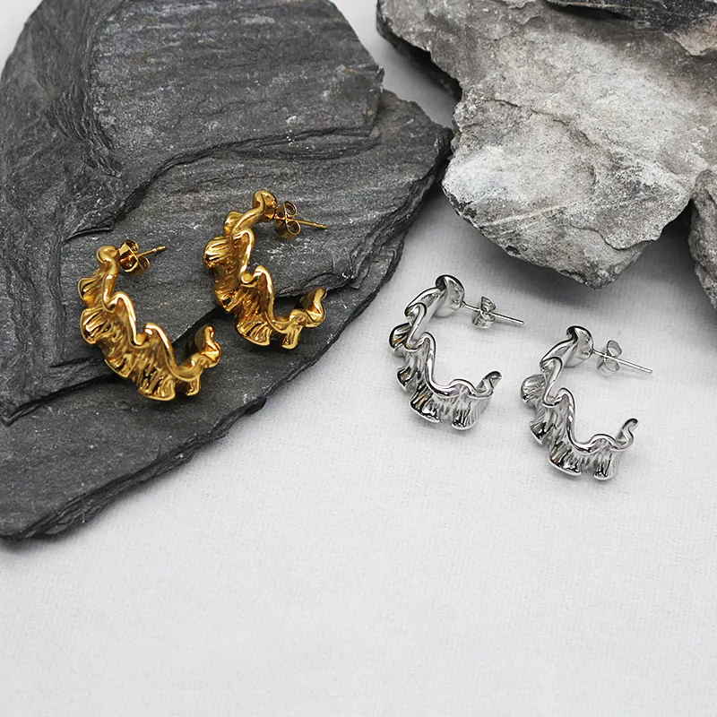 Vintage Stainless Steel Irregular Crumpled C-Shape Hoop Earrings For Women Gold Silver Plated Geometric Metal Jewelry