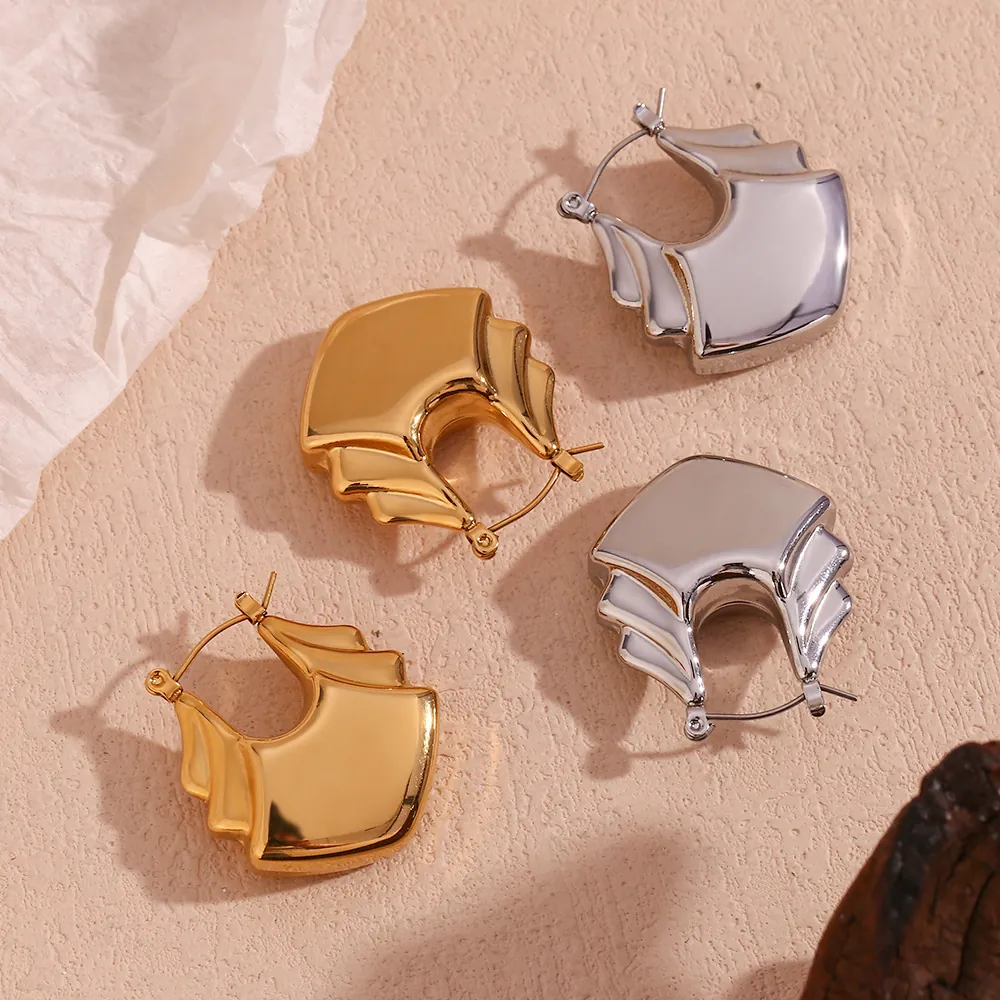 Modern Stainless Steel Three Layer Fan Shaped Hollow Hoop Earrings 18K Gold Plated Geometric Wave Design For Women Jewelry