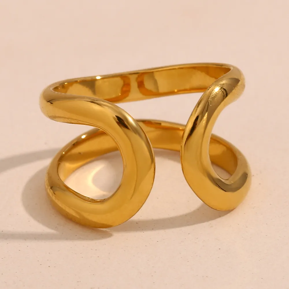 Double Layer Wavy Line Open Ring 18K Gold Plated Stainless Steel Adjustable Infinity Shape Minimalist Jewelry For Women