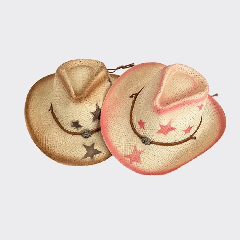 Western Cowboy Straw Hat Paper Wide Brim Star Print Sun Protection Summer Beach Vacation Casual Style Women