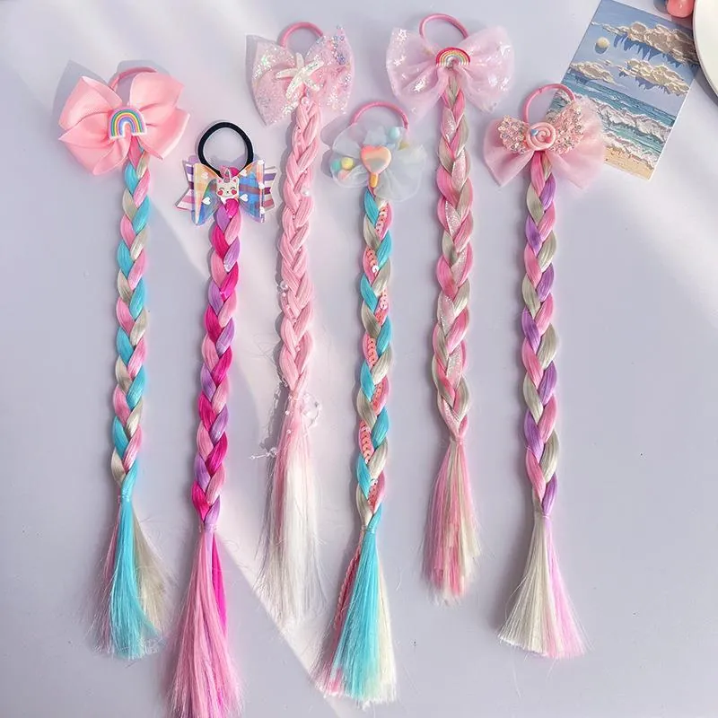 Kids Wig Braid Hair Ties Synthetic Colorful Gradient Ponytail Extensions Bow Unicorn Rainbow Hair Accessories Girls
