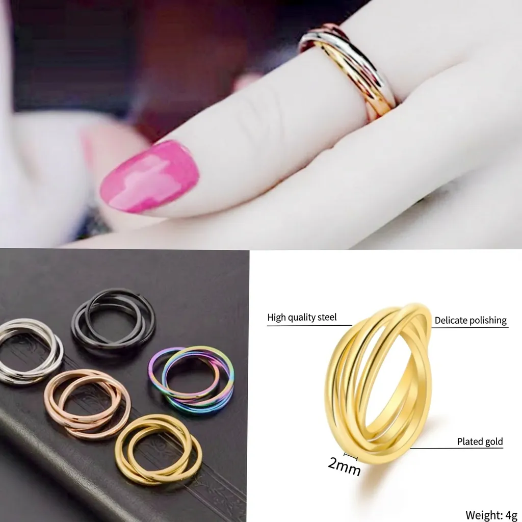 Minimalist Stainless Steel Interlocking Triple Ring For Women Men High Polished Band Russian Wedding Ring Fashion Jewelry