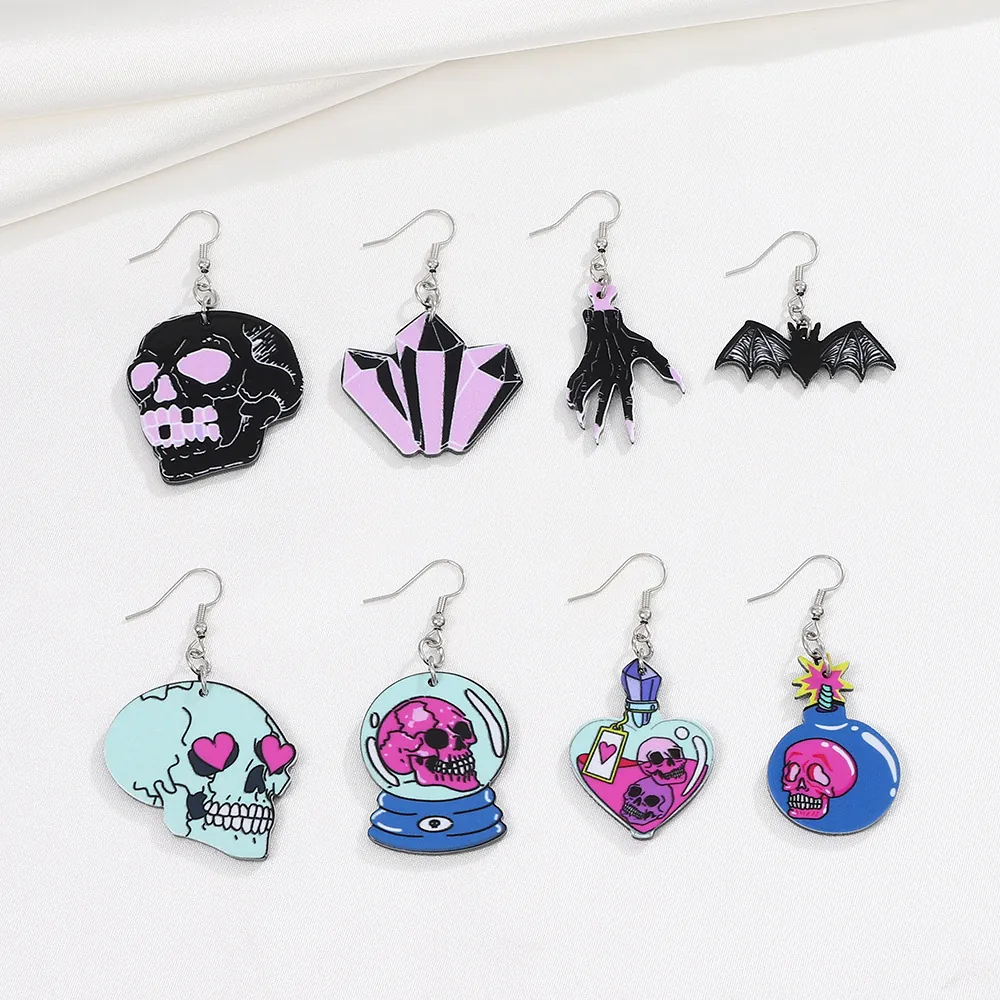Halloween Gothic Acrylic Skull Bat Drop Earrings For Women Funny Cauldron Ghost Witch Hat Stud Earrings Party Jewelry Gift