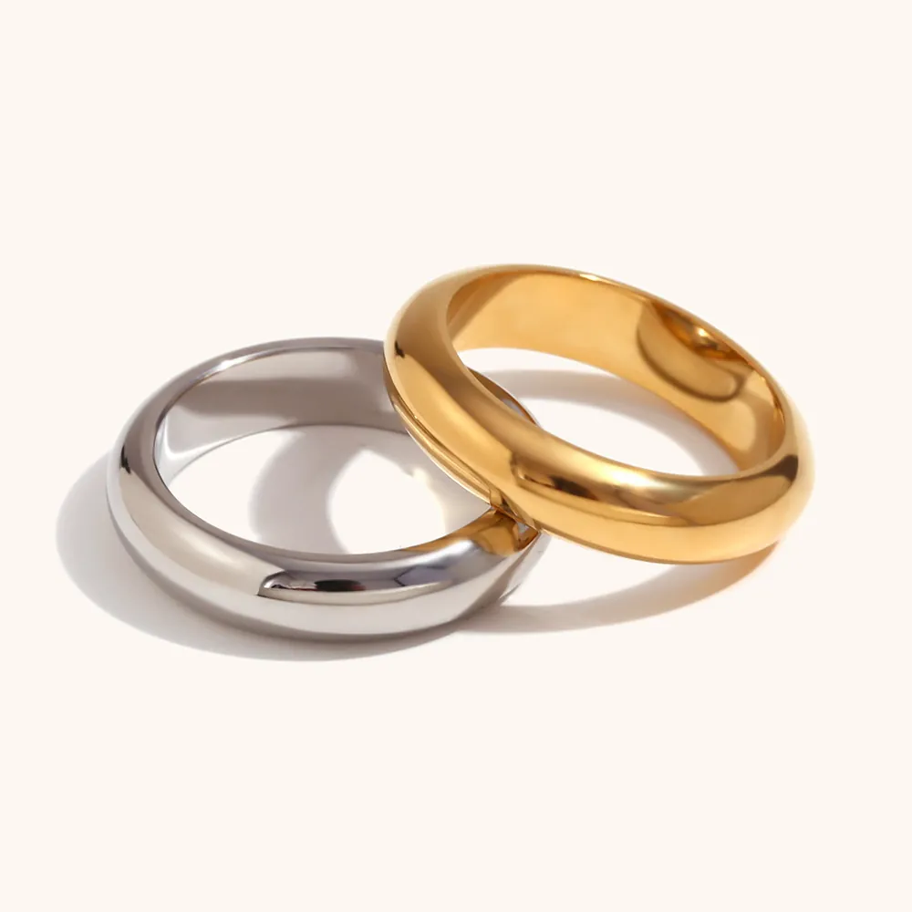 Anello A Cupola Grosso Minimalista Acciaio Inossidabile 316L Placcato Oro 18K Lucidato A Specchio Donna