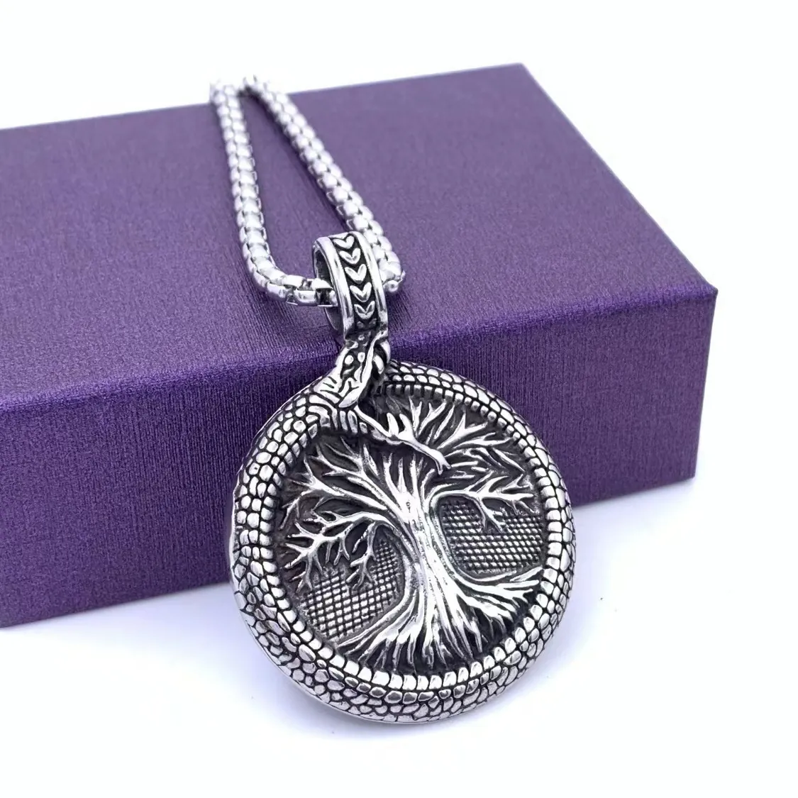 Viking Tree Of Life Pendant Necklace Stainless Steel Ouroboros Snake Nordic Runes Vegvisir Compass Retro Punk For Men