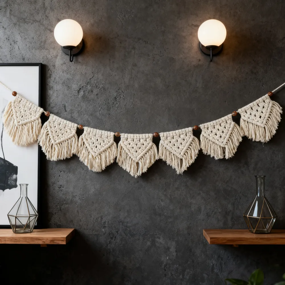 Handmade Macrame Wall Hanging Banner Cotton Rope With Wooden Beads Tassel Flags Bohemian Nordic Home Decor