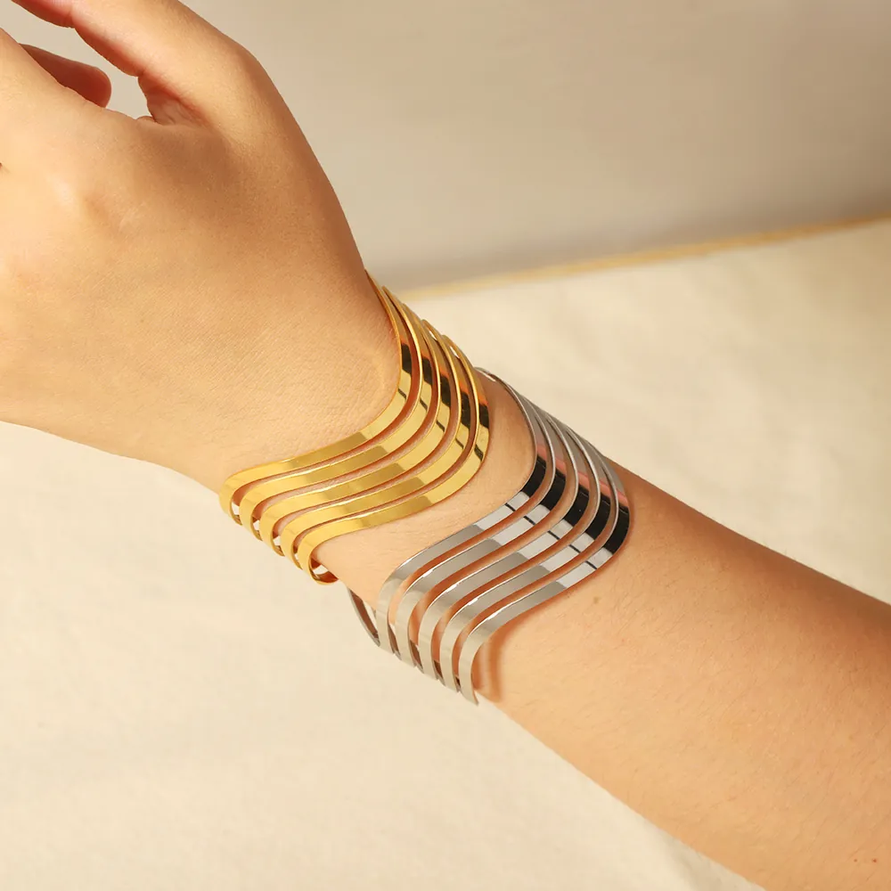 Minimalistischer Edelstahl Hohlwellen Armreif Für Damen Vergoldet Mehrlagig Geometrisch Offener Armband Modeschmuck