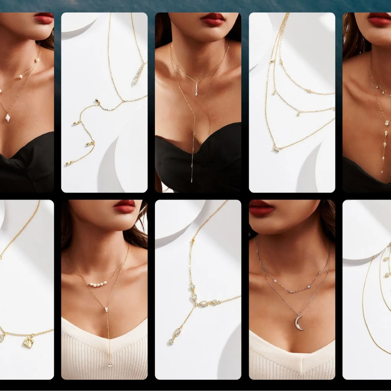 Collana a Strati in Argento Sterling 925 Perla d'Acqua Dolce Strass Bohémien per Donna Oro Argento Luna Nappa Gioielli