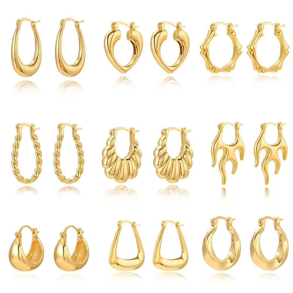 Geometric Hoop Earrings 18K Gold Plated Copper Heart Water Drop Twisted Elegant High Polish Trendy Jewelry For Women