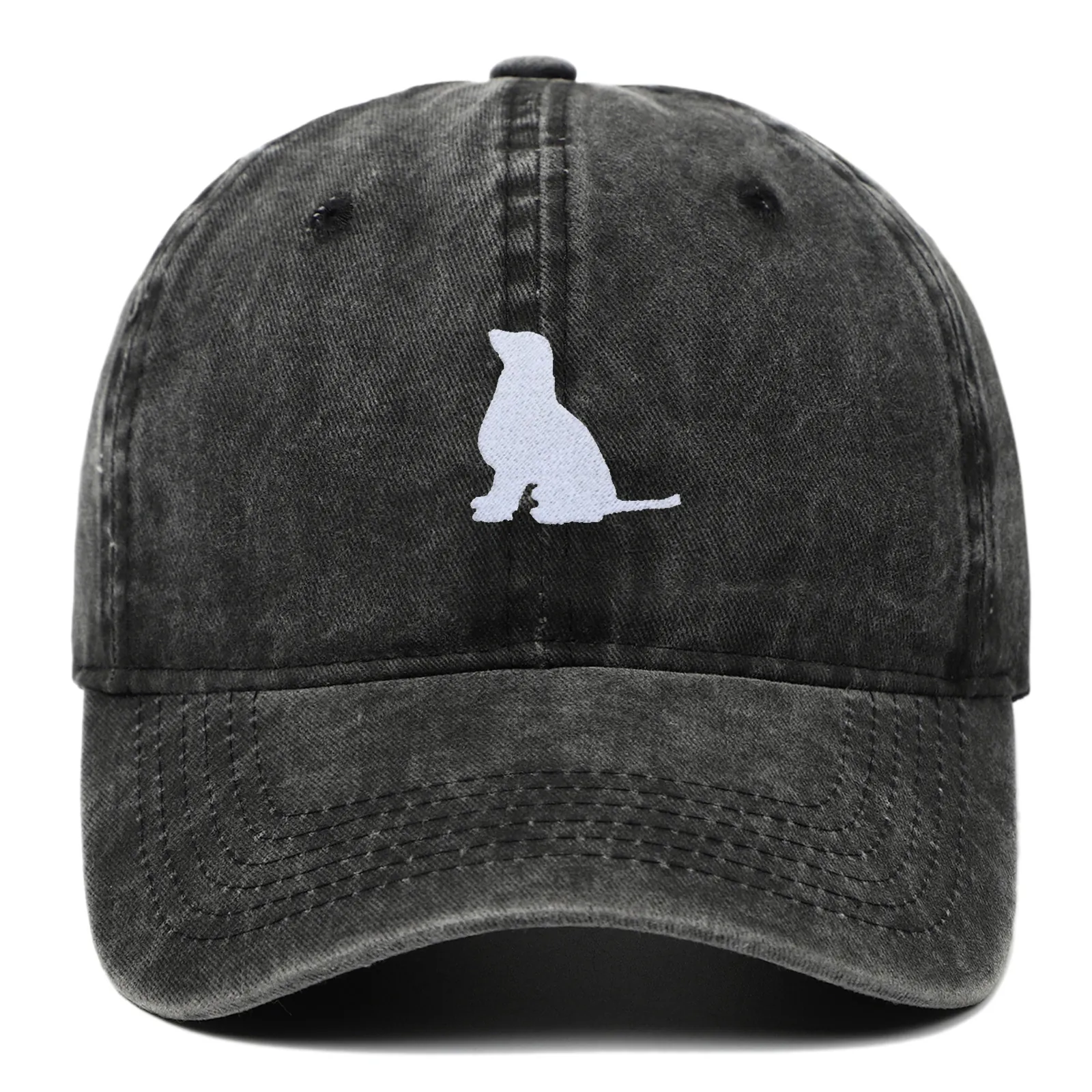 Washed Cotton Baseball Cap With Dog Silhouette Embroidery Retro Distressed Adjustable Sun Hat For Men Women