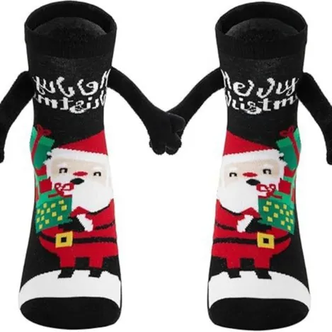 Christmas Socks Magnetic Holding Hands 3D Doll Novelty Festive Winter Mid Calf Warm Soft Cute Santa Reindeer Penguin