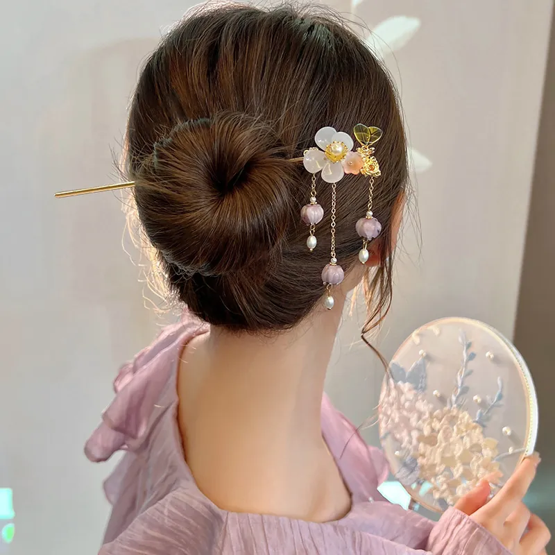 Antiker Haarstab Legierung Blumen Maiglöckchen Quaste Elegant Hanfu Accessoires Retro Haarnadel Für Damen