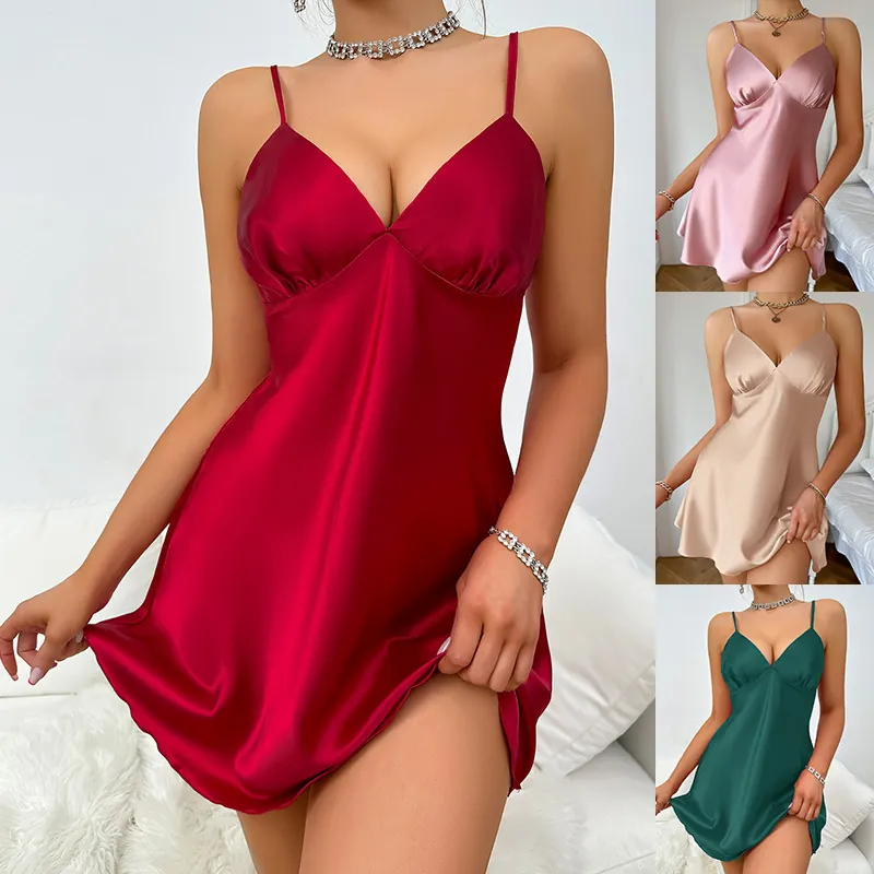 Women Satin Nightgown Imitation Satin V-Neck Camisole Dress Sleeveless Sexy Sleepwear Comfortable Home Wear Loungewear