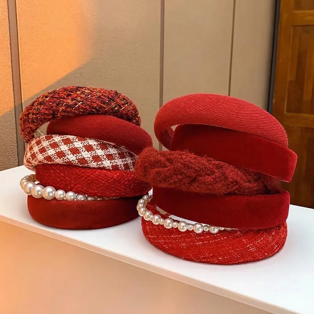 Red Christmas Headband Wide Padded Sponge Velvet Tweed Hair Accessories Vintage Elegant Festival Headwear For Women