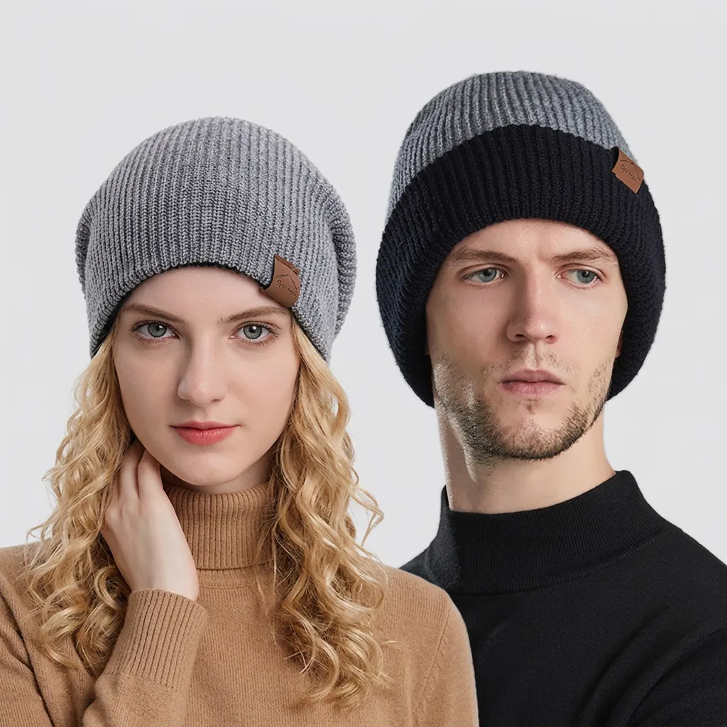 Double Sided Slouchy Beanie Acrylic Knitted Winter Warm Solid Color Cap Leather Patch Fashion Outdoor Headwear For Unisex
