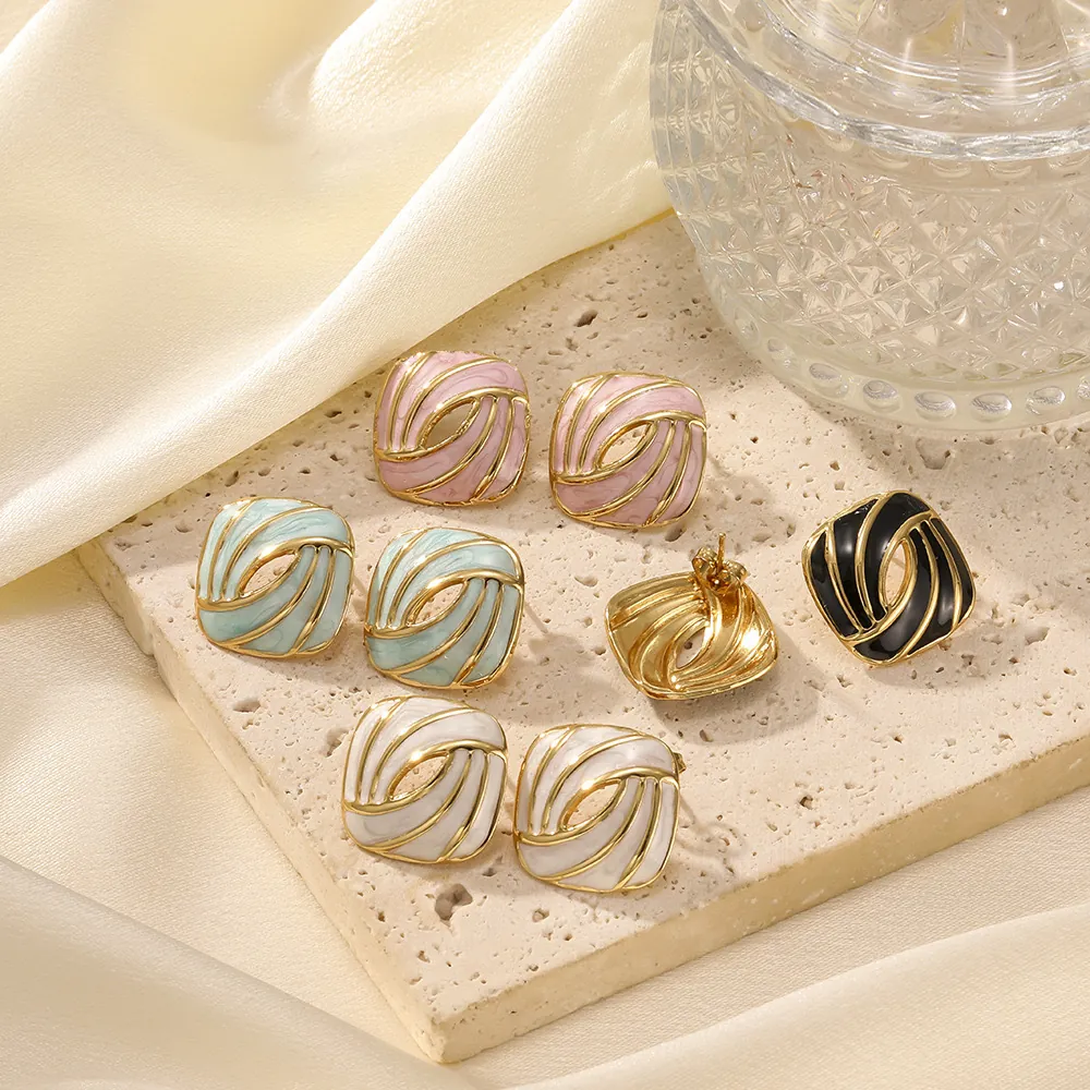 French Retro Square Stud Earrings Stainless Steel Gold Plated Enamel Spiral Texture Geometric Hypoallergenic For Women