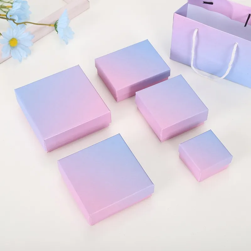 Pearlescent Gradient Jewelry Gift Case Cardboard Packaging Case For Necklace Earring Ring Display Storage Pink Blue