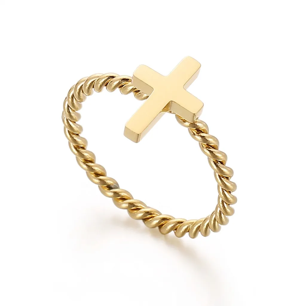 Stainless Steel Cross Ring Twisted Rope Band Religious Minimalist Fashion Jewelry For Men Women Polished Finish